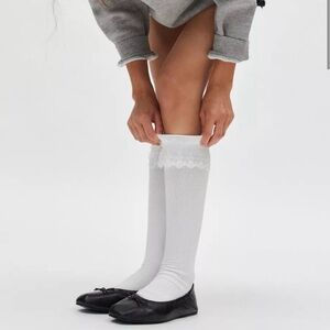 New URBAN OUTFITTER  Coquette Girl White Knee High Ribbed Lace Trim Socks
